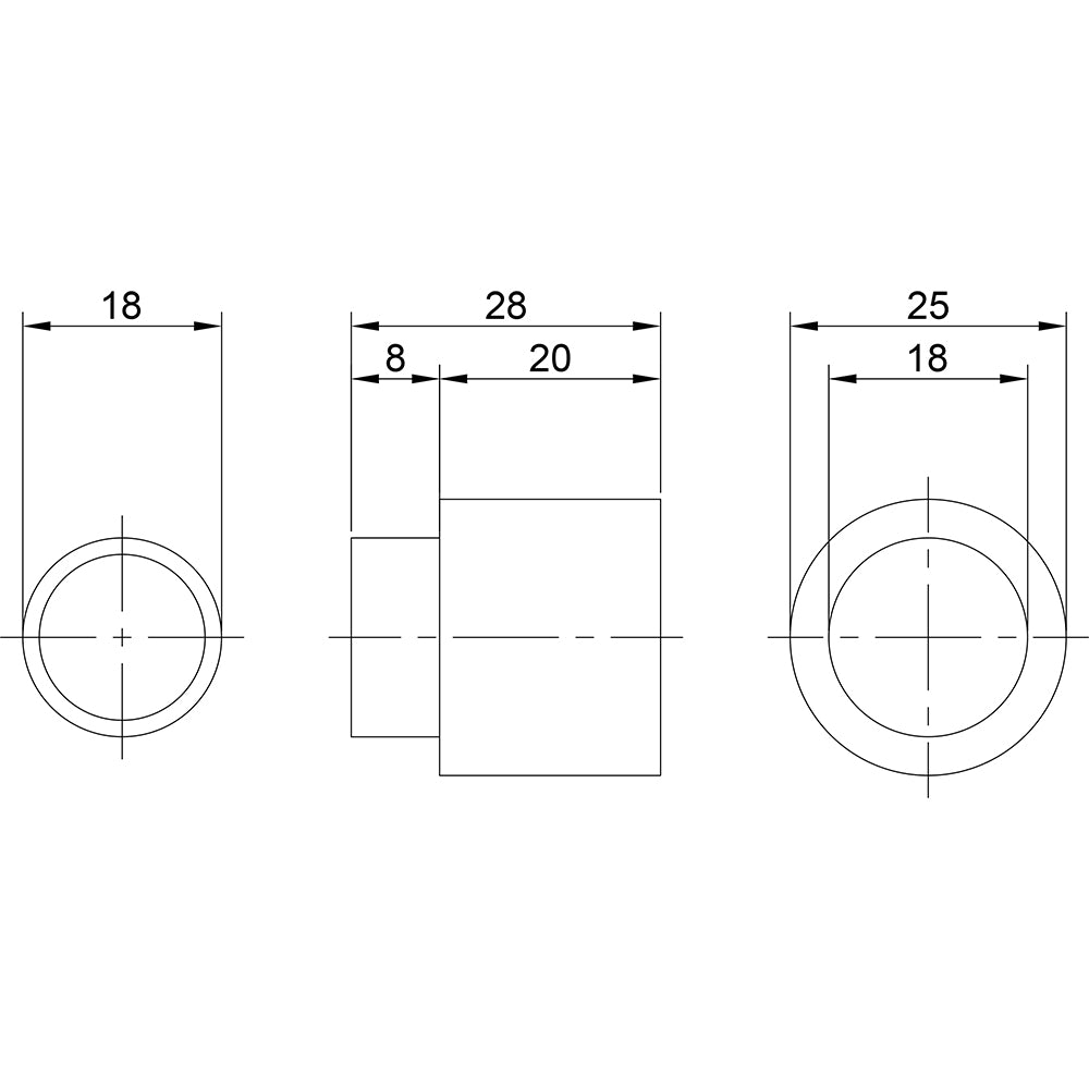 Technische tekening Hoppe krukhals verlengbus 20 mm F1 geanodiseerd aluminium zilver