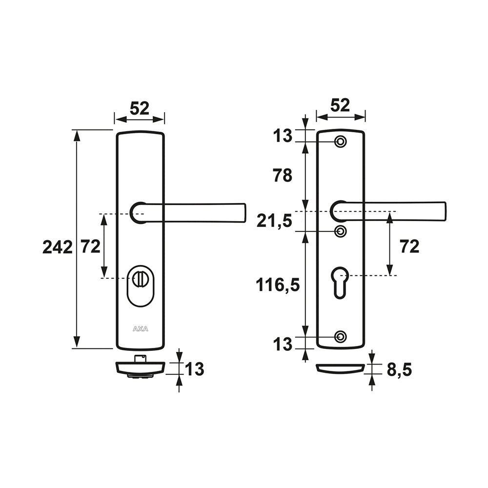 Technische tekening AXA Curve Plus veiligheidsbeslag SKG*** PC72 kruk/kruk