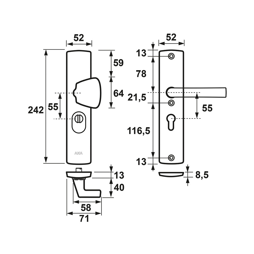 Technische tekening AXA Curve veiligheidsbeslag SKG*** PC55 knop/kruk