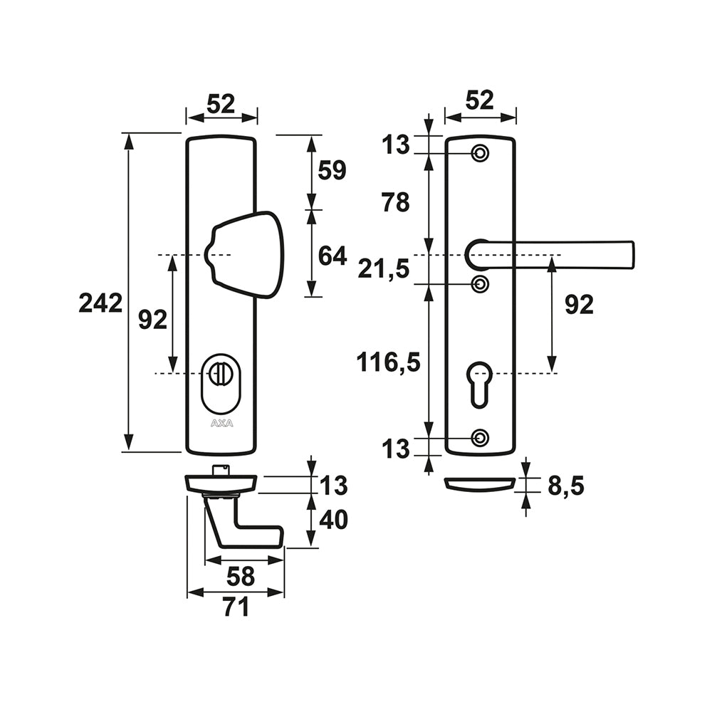 Technische tekening AXA Curve veiligheidsbeslag SKG*** PC92 knop/kruk
