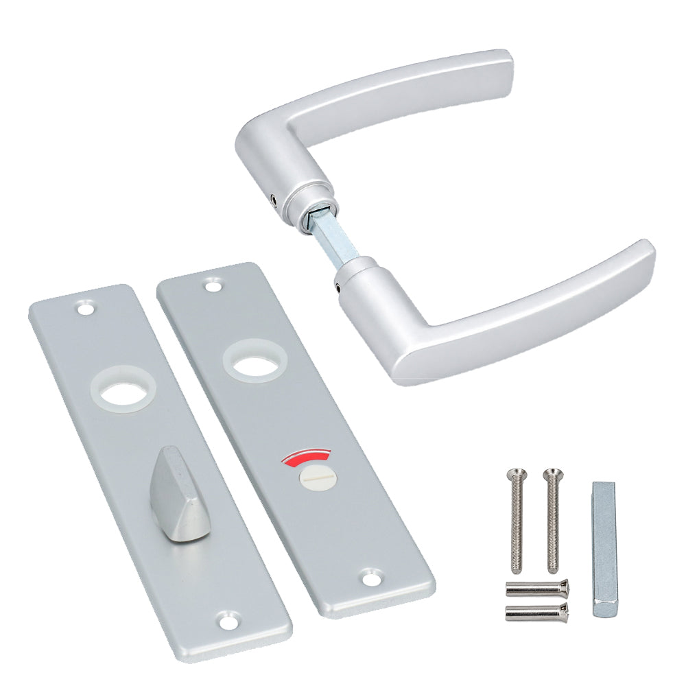 Complete WC deurbeslag set binnendeur vrij en bezet 63x8 aluminium F1 met kortschilden 180x41 mm en deurkrukken.