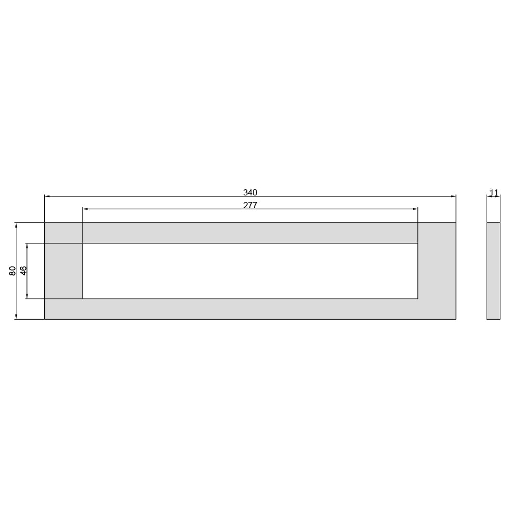 Technische tekening Door-Line brievenbus tochtplaat 80 x 340 mm in wit kunststof
