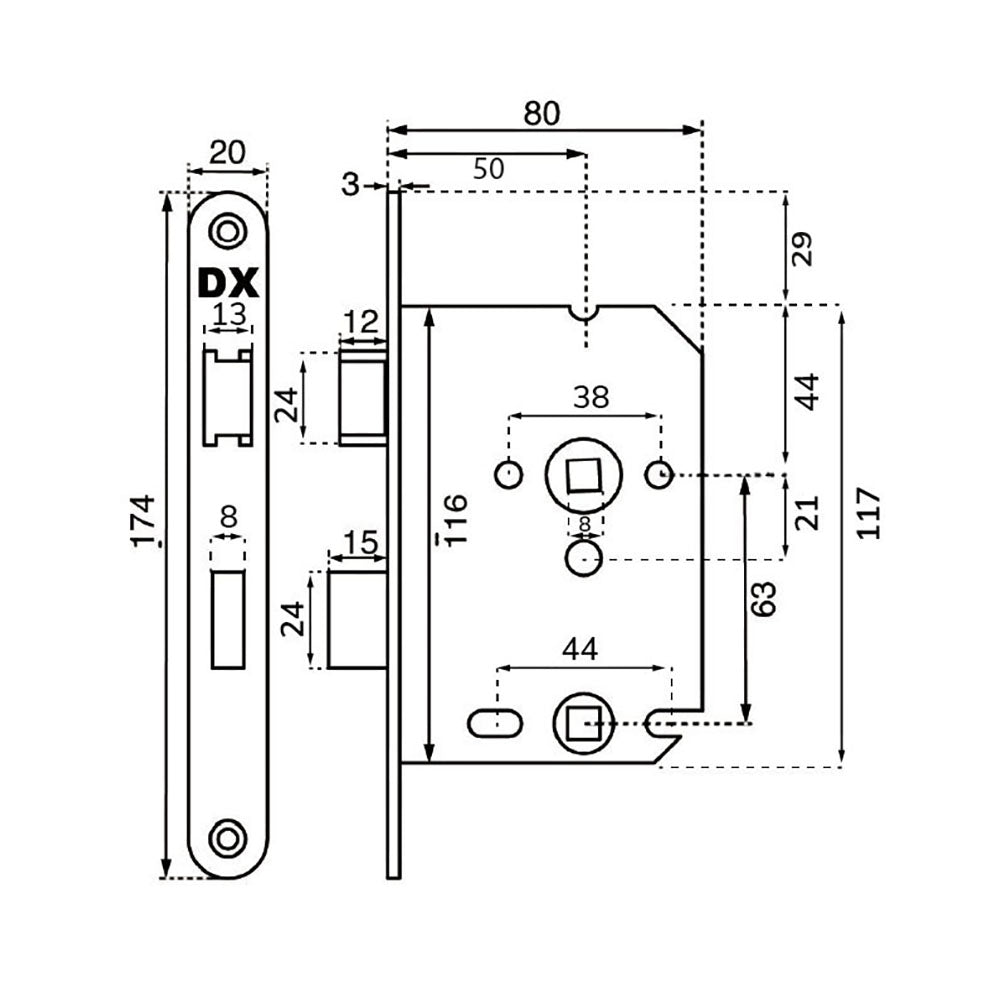Technische tekening van DX vrij- en bezetslot voor badkamer- en wc-deuren