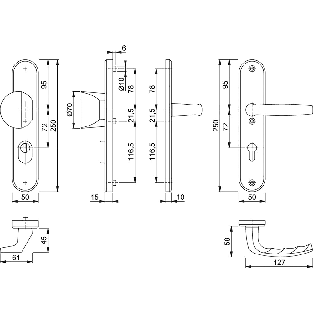 Technische tekening Hoppe Atlanta veiligheidsbeslag PC72 greep/kruk met kerntrekbeveiliging F1