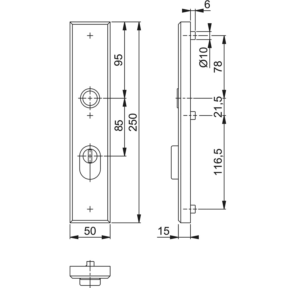 Technische tekening Hoppe buitenschild 2236ZA recht PC85