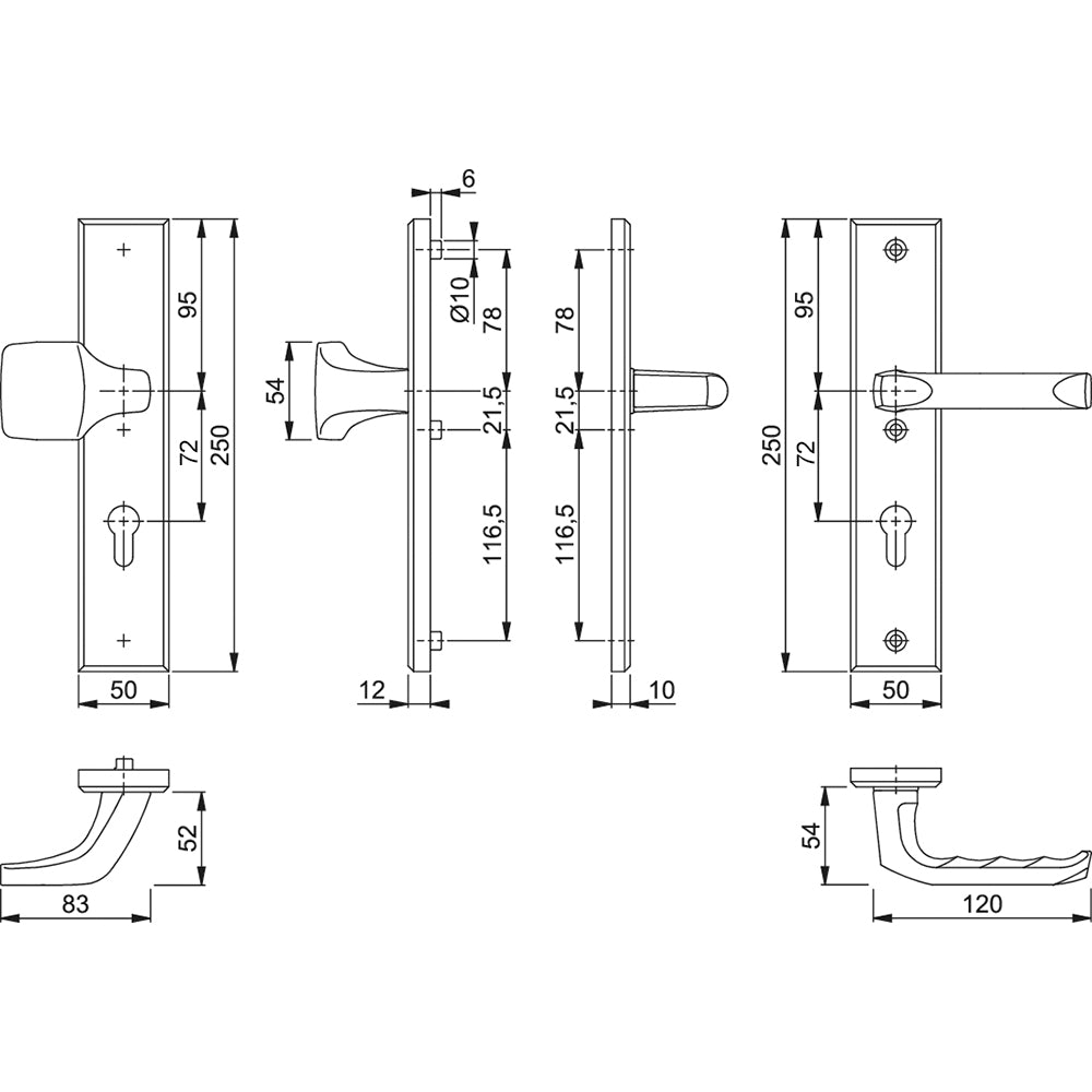Technische tekening Hoppe London veiligheidsbeslag PC72 greep/kruk F1
