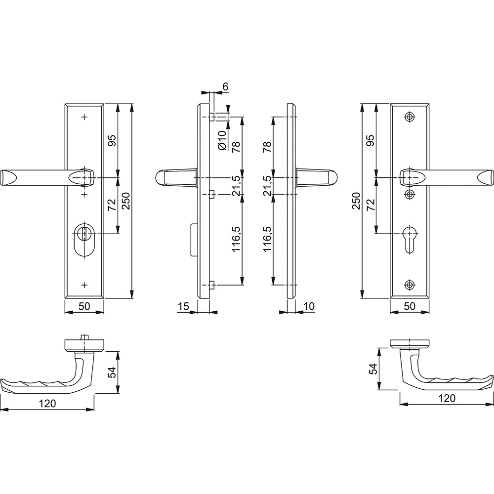 Technische tekening Hoppe London veiligheidsbeslag PC72 kruk/kruk met kerntrekbeveiliging F1
