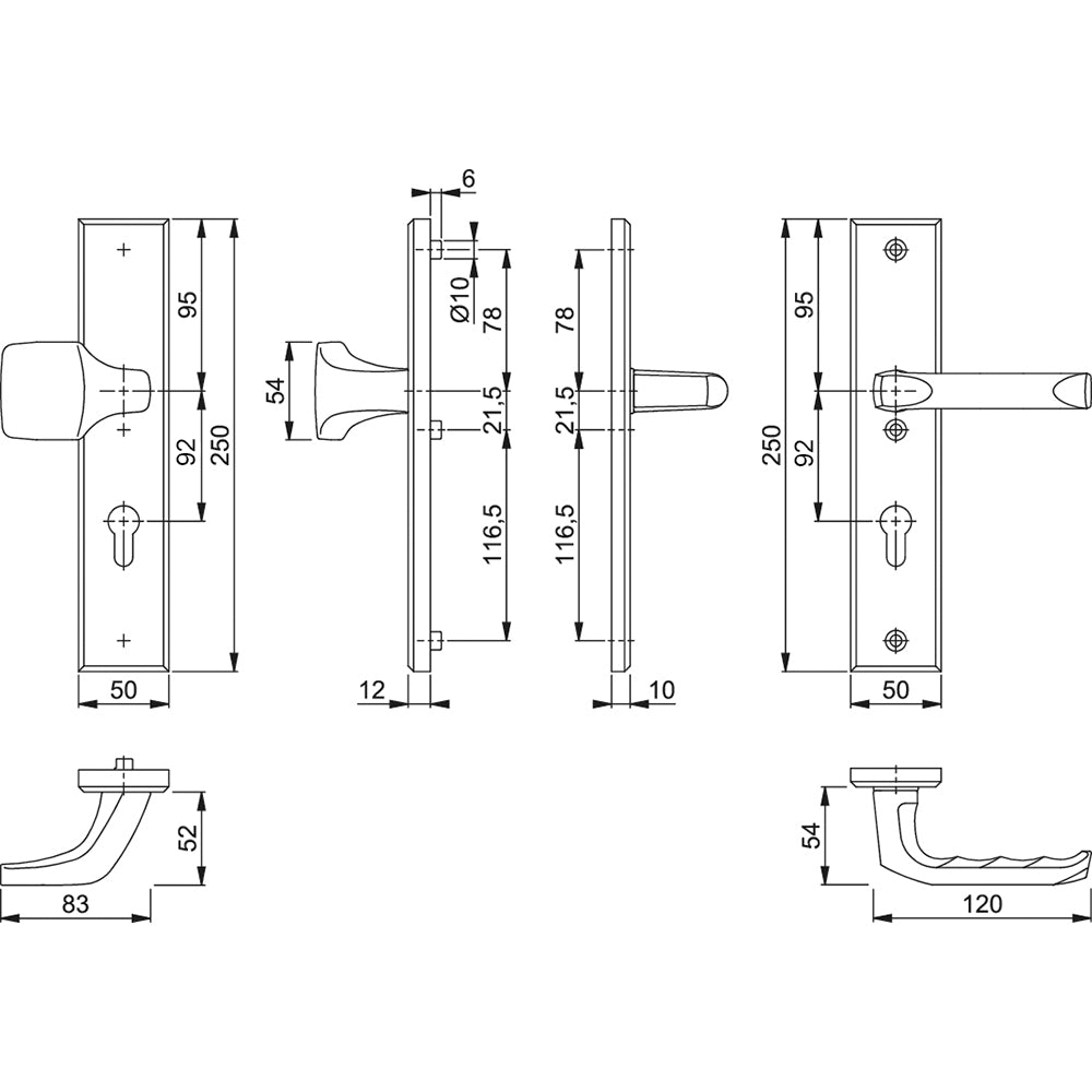Technische tekening Hoppe London veiligheidsbeslag PC92 greep/kruk F1