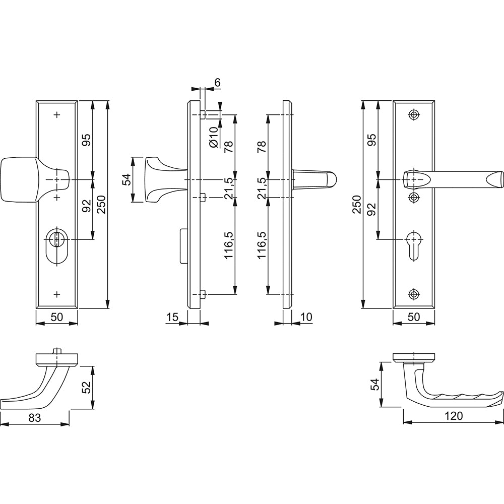 Technische tekening Hoppe London veiligheidsbeslag PC92 greep/kruk met kerntrekbeveiliging F1