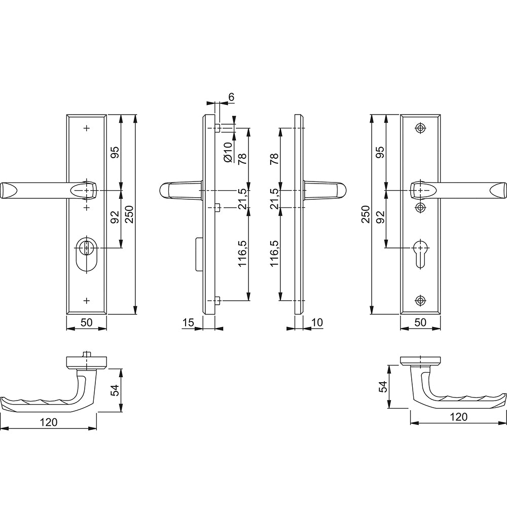Technische tekening Hoppe London veiligheidsbeslag PC92 kruk/kruk met kerntrekbeveiliging F1