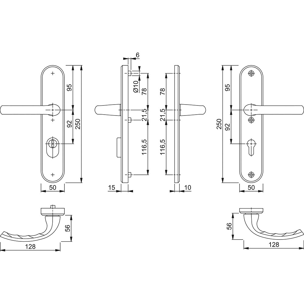 Technische tekening Hoppe Tokyo veiligheidsbeslag PC92 kruk/kruk met kerntrekbeveiliging F1