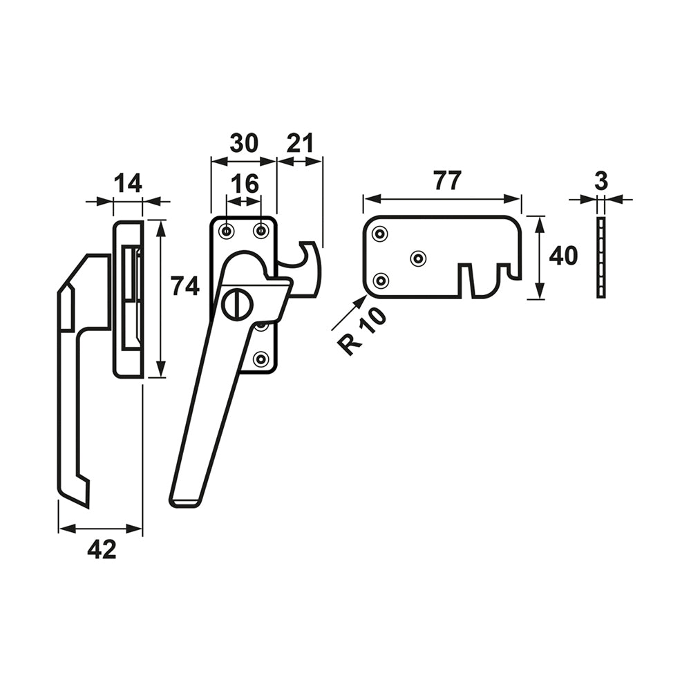 Technische tekening AXA 3319 raamsluiting SKG* met sleutel Links Sluithaak
