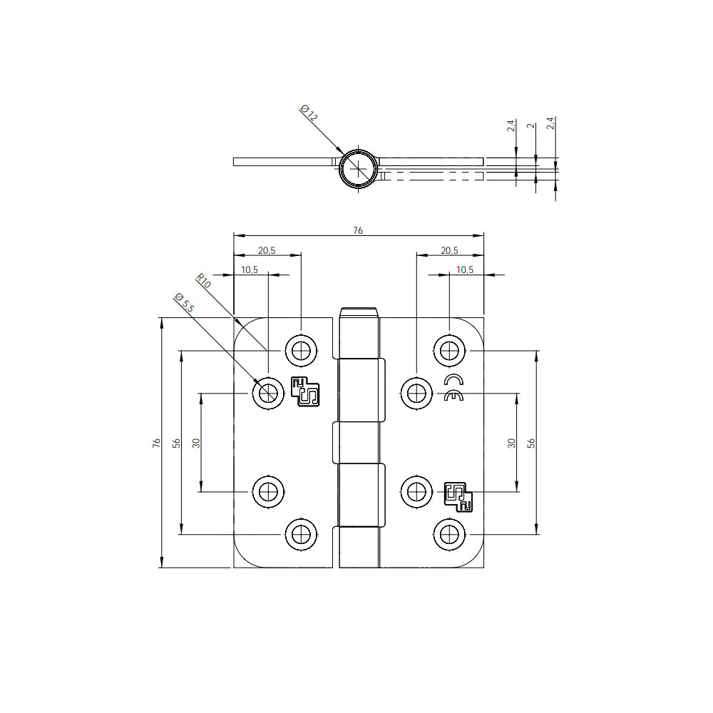 Technische tekening S2 scharnier 6521 76x76 mm zwart
