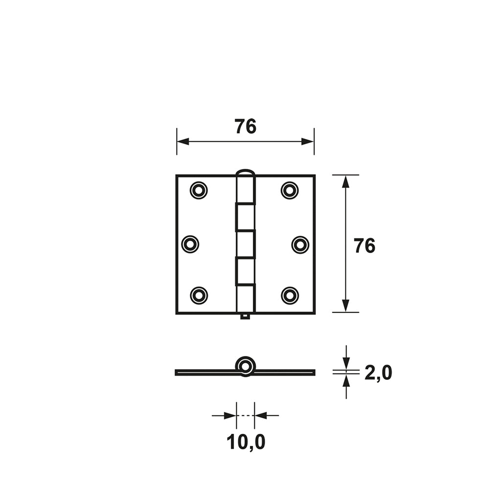 Technische tekening AXA 1103 scharnier 76x76 mm afmetingen
