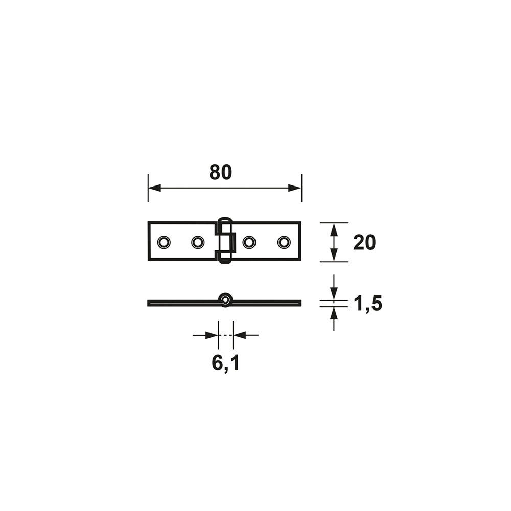technische tekening AXA 1108 ongelagerd klepscharnier 20x60 mm