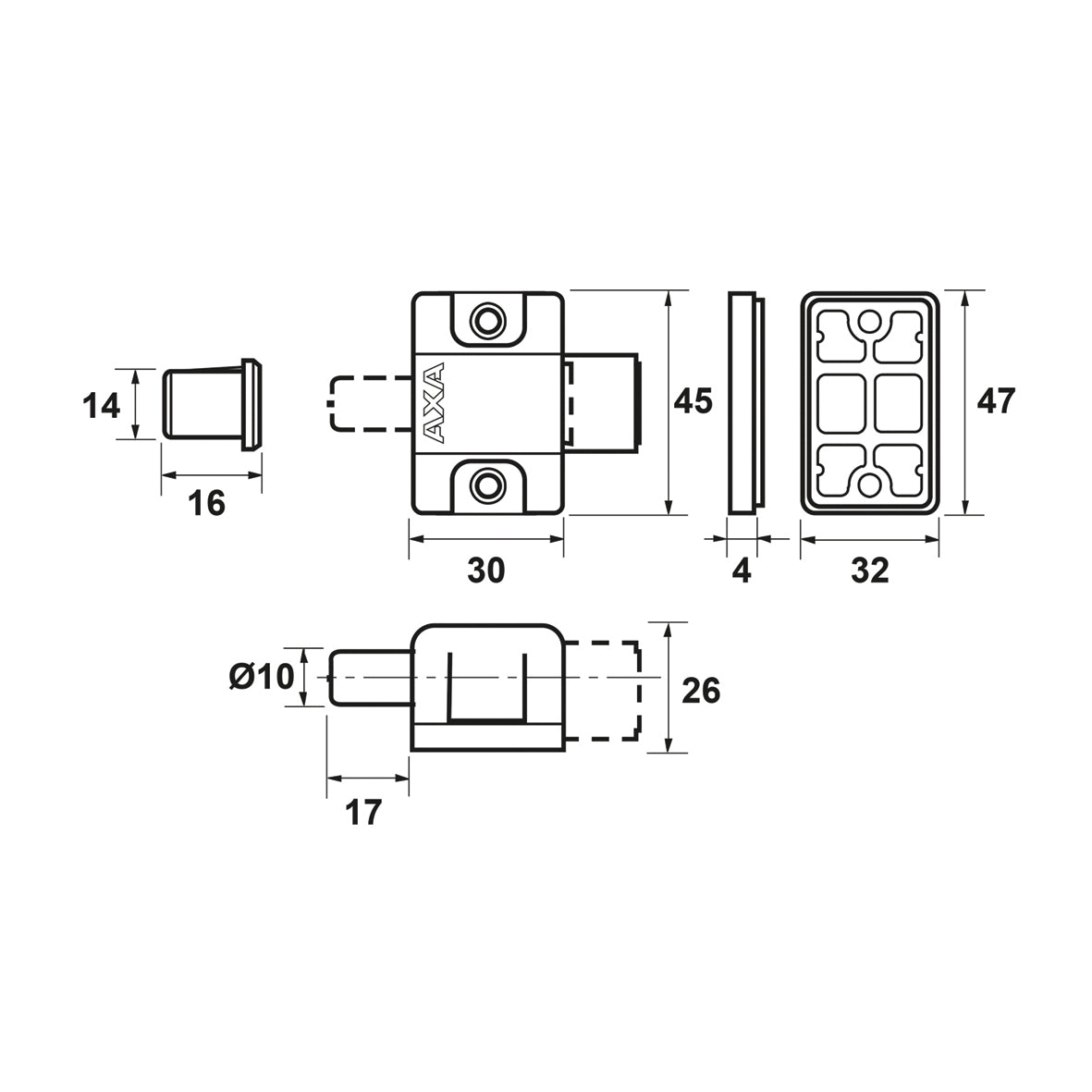 Technische tekening AXA 3011 oplegslot in de kleur wit