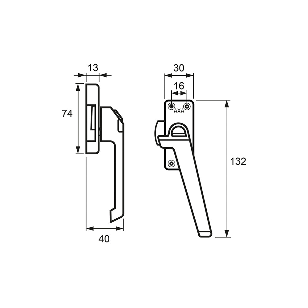 Technische tekening AXA 3308 raamsluiting met drukknop Rechts
