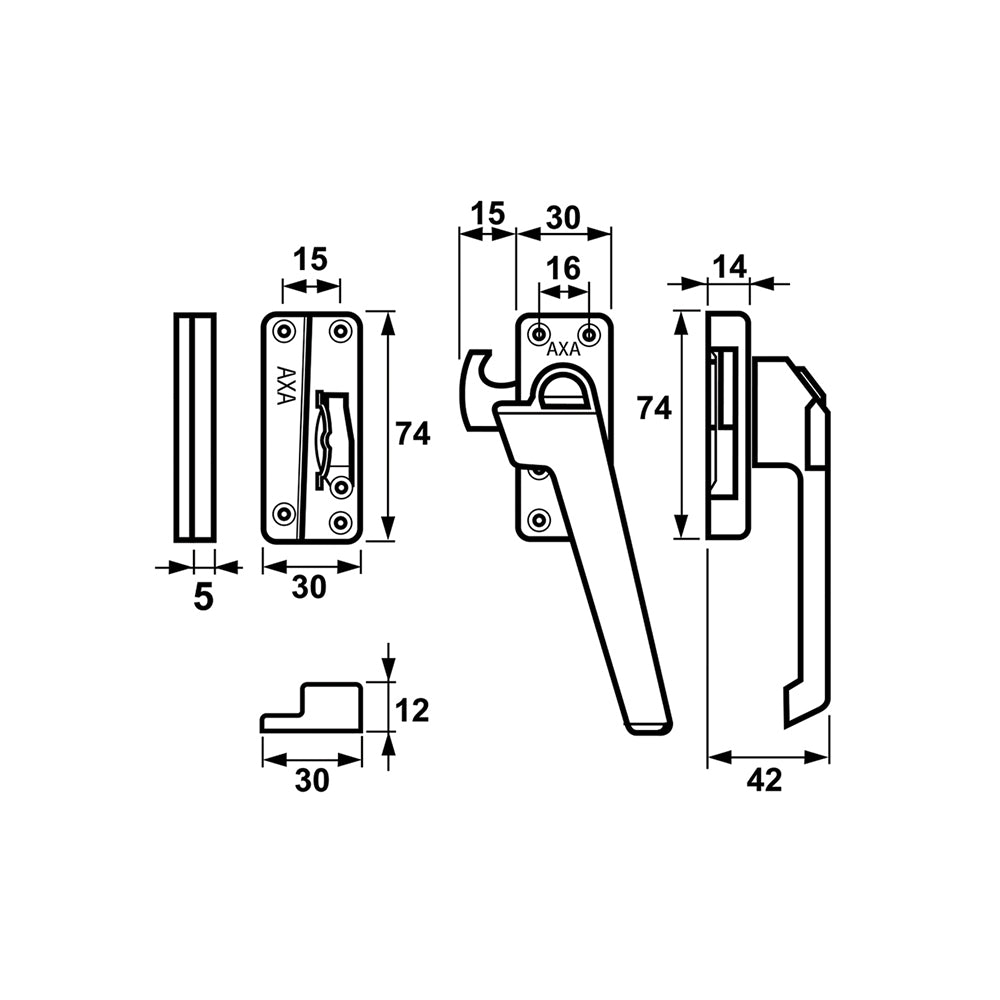 Technische tekening AXA 3318 raamsluiting met drukknop rechts