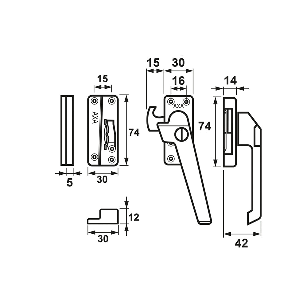 Technische tekening AXA 3319 raamsluiting met opbouwsluitkom rechts
