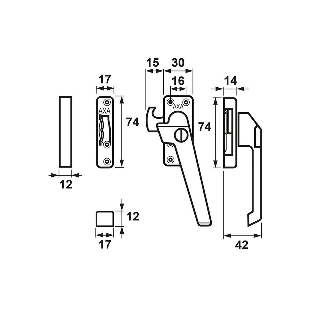 Technische tekening AXA 3319 raamsluiting met smalle sluitkom rechts