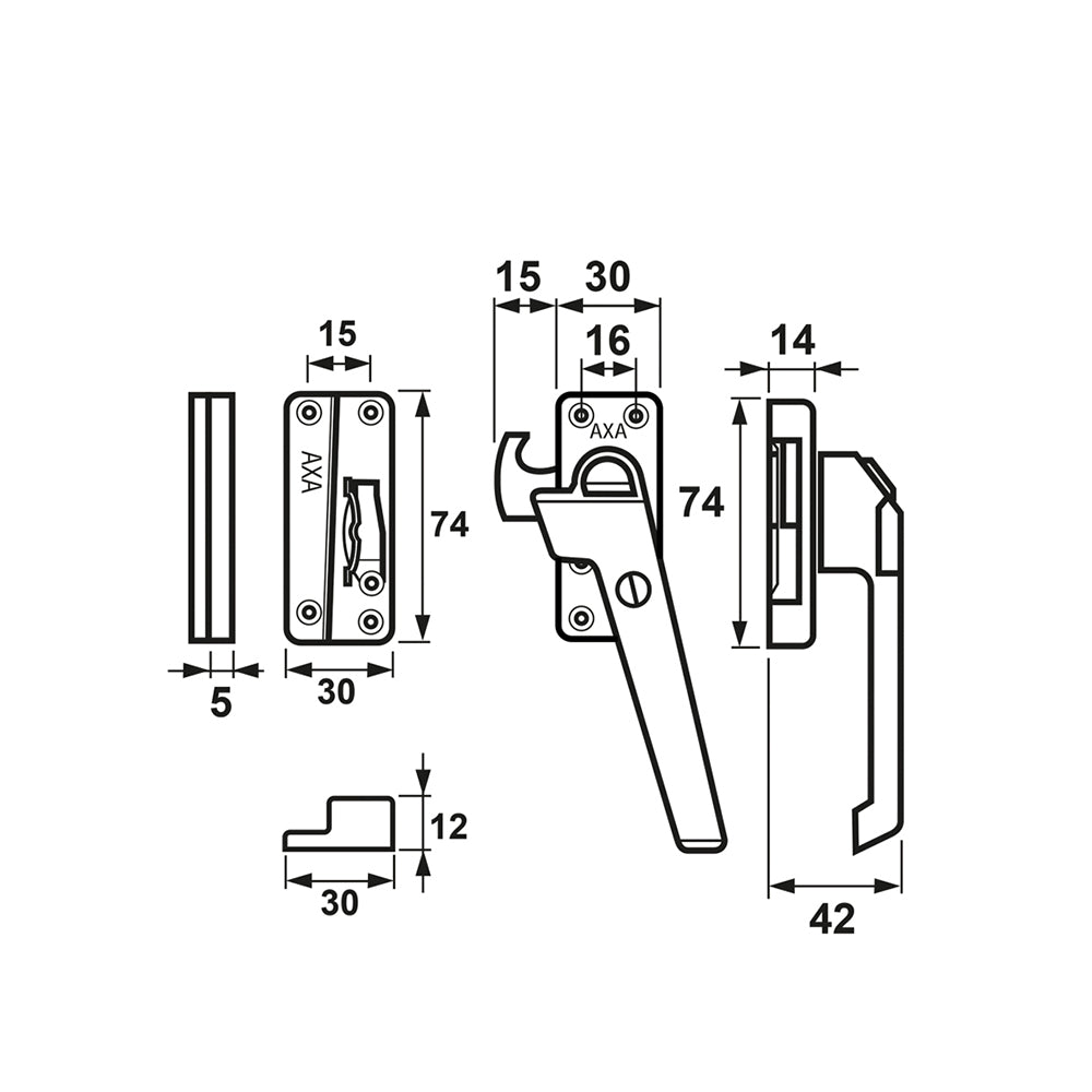 Technische tekening AXA 3320 raamsluiting met opbouwsluitkom rechts