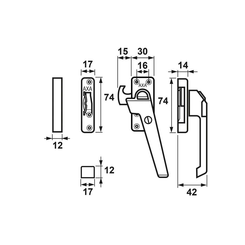 Technische tekening AXA 3320 raamsluiting met smalle opbouwsluitkom rechts