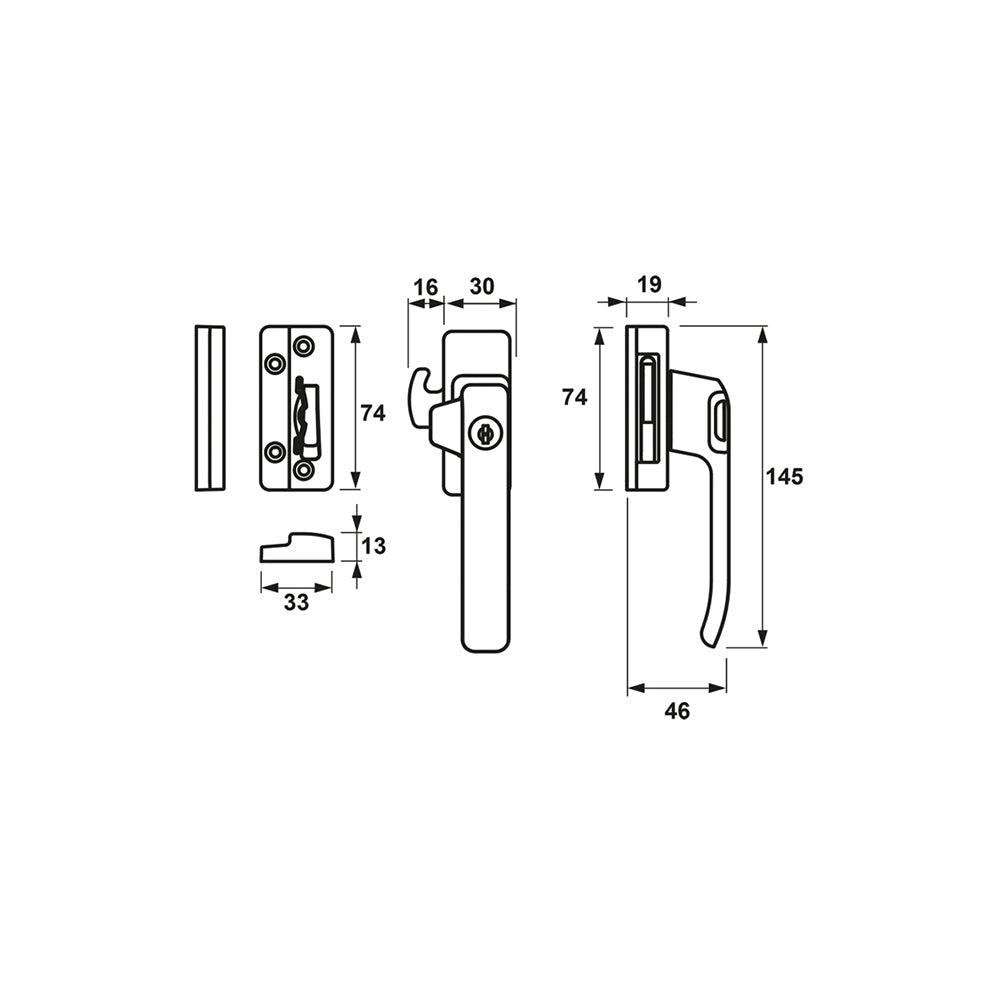 Technische tekening AXA 3329 raamsluiting met sleutel rechts