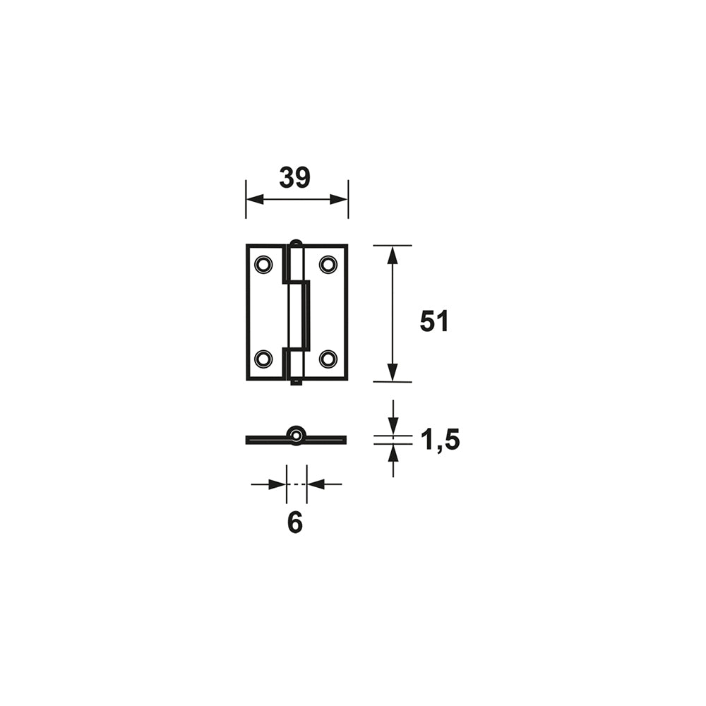 Technische tekening AXA 1101 ongelagerd smal scharnier 51x39 mm
