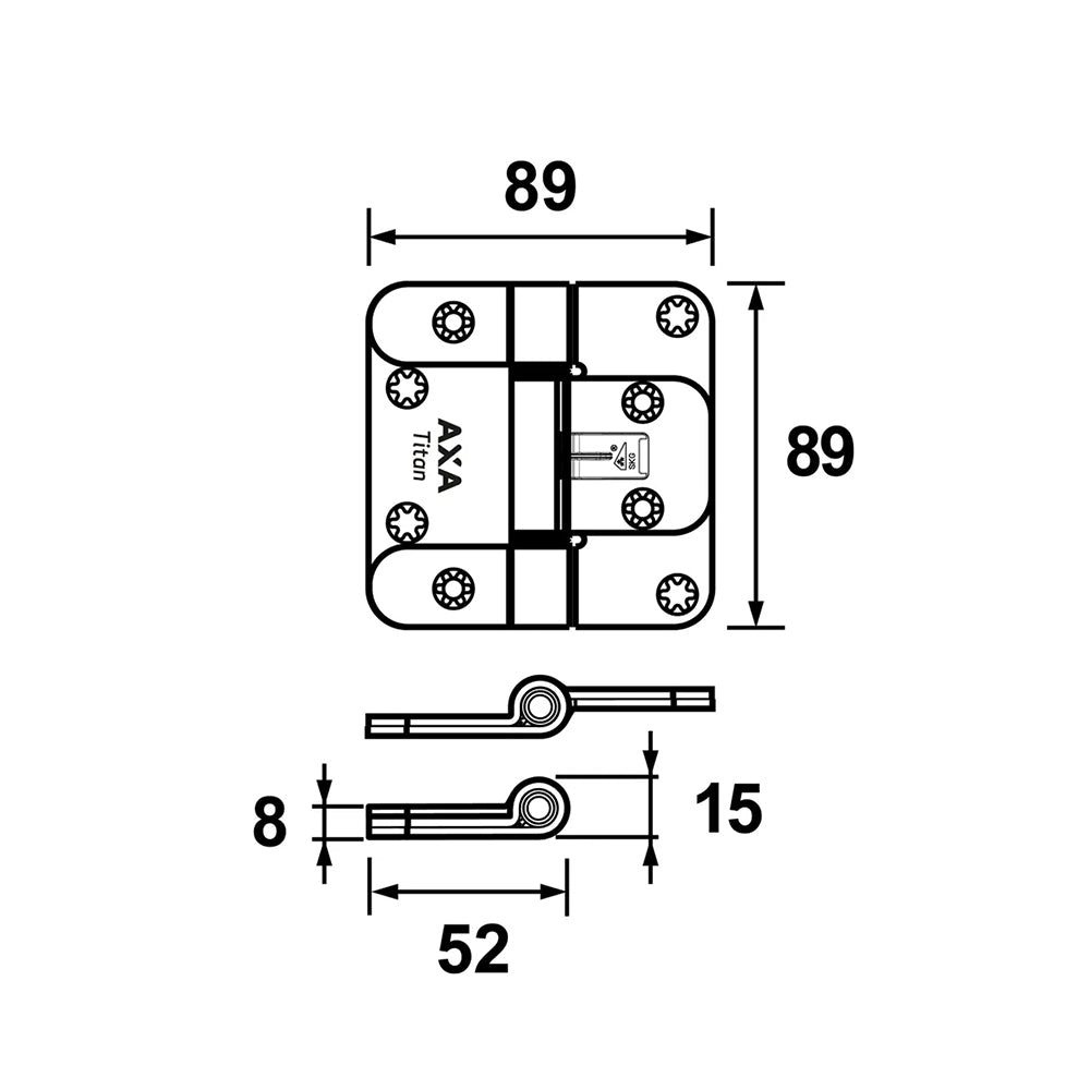 Technische tekening AXA veiligheidsscharnier titan SKG*** 89x89