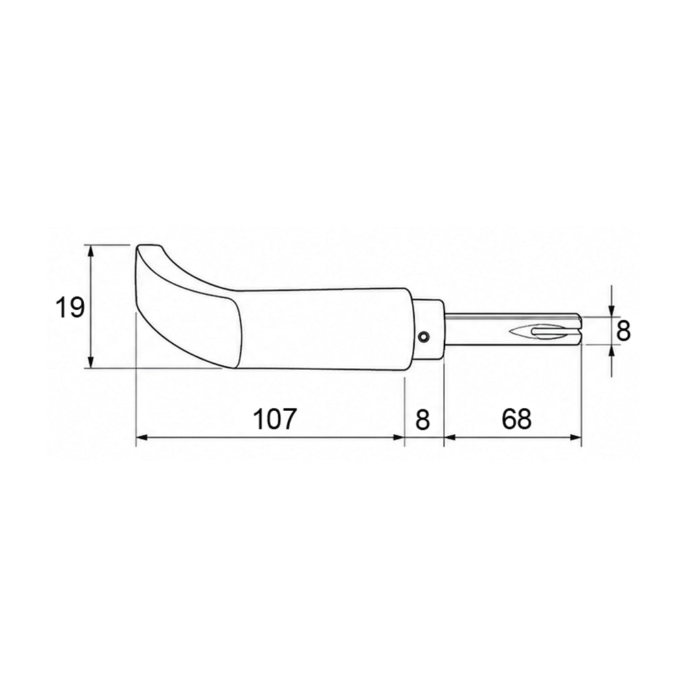 Technische maatvoeringstekening van deurkruk blokmodel aluminium met afmetingen en 8 mm krukstift