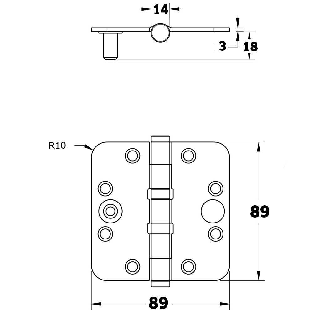 Technische tekening DX kogellagerscharnier SKG*** 89x89 mm RVS met ronde hoeken