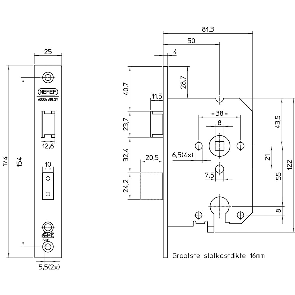 Technische tekening van Nemef veiligheidsslot SKG**® 4119/17