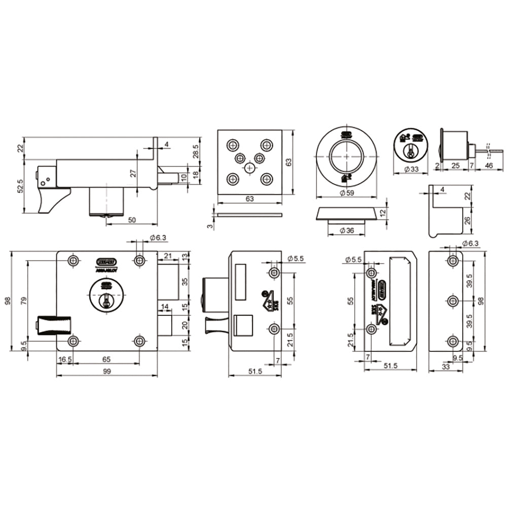 Technische tekening Nemef 4154/02 Veiligheidsoplegslot SKG**