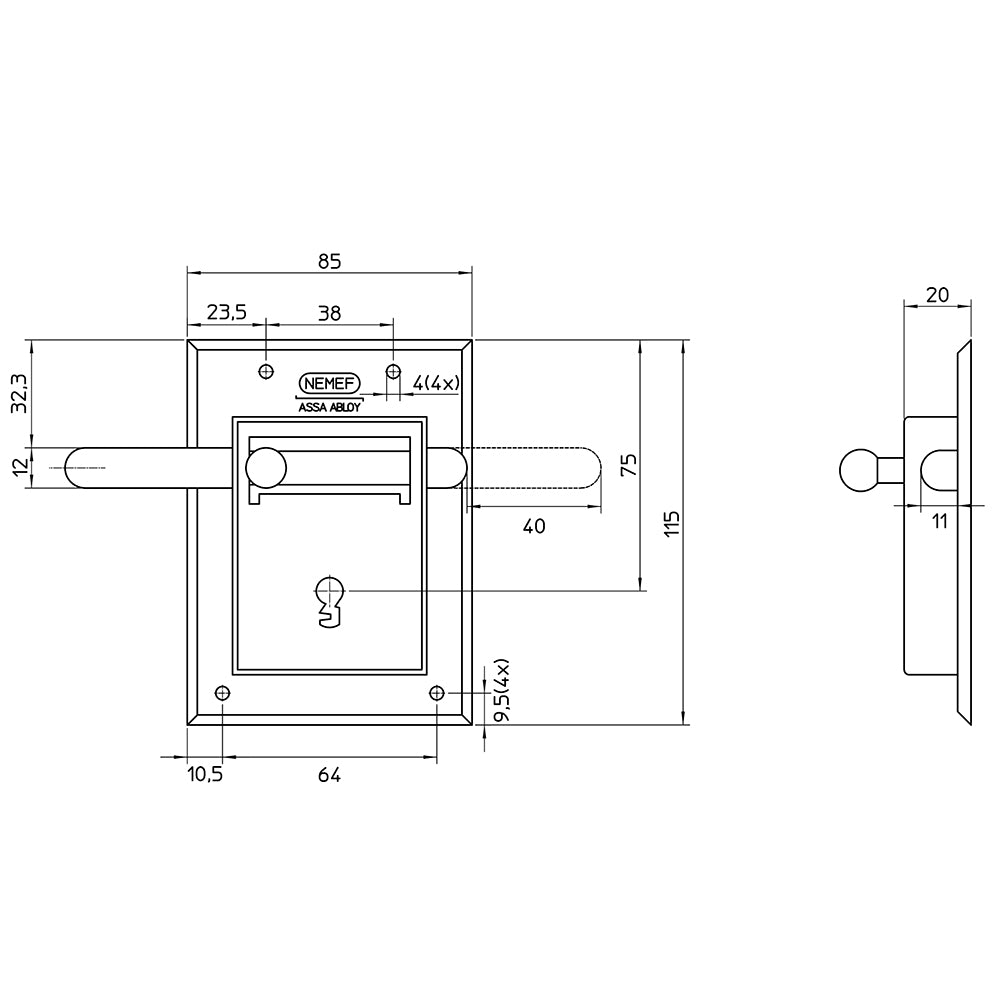 Technische tekening Nemef opleg grendelslot 98/12