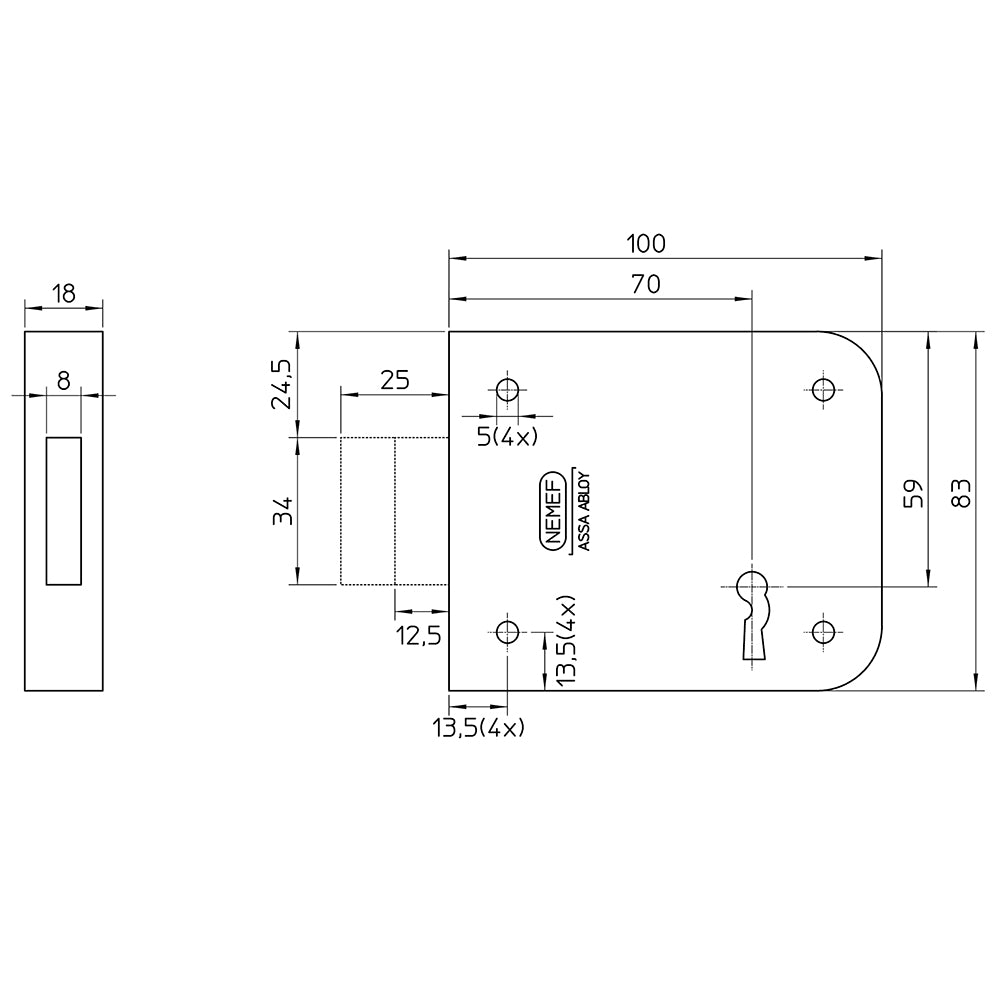 Technische tekening Nemef oplegslot 91/11