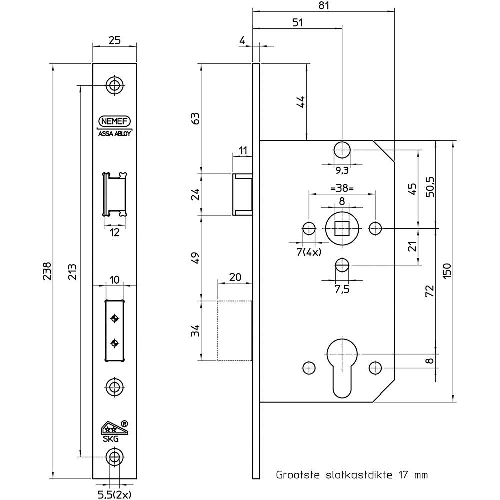 Technische tekening van Nemef veiligheidsslot SKG**® 4139/17
