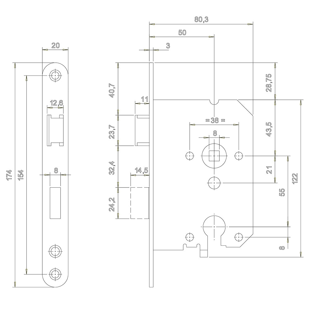 Technische tekening S2 cilinderslot BSW 12DNPC met dag- en nachtschoot en maatvoering