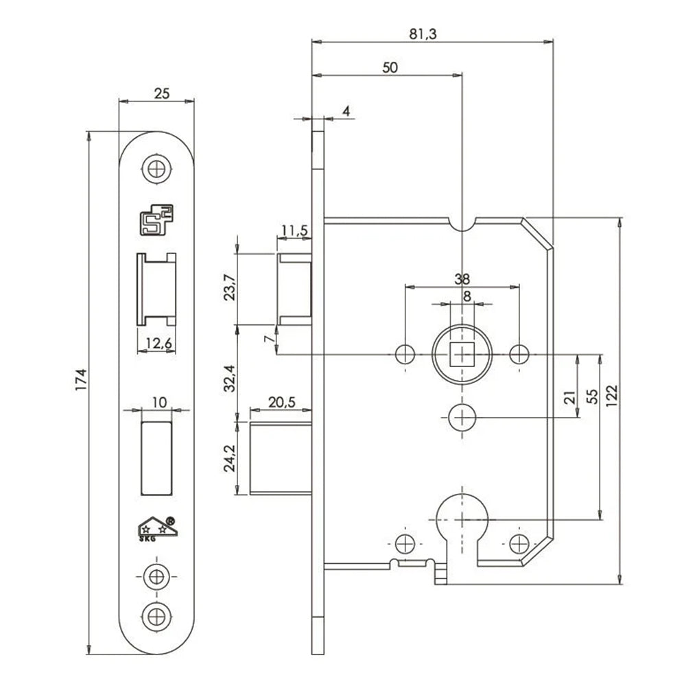 Technische tekening S2 veiligheidsslot SKG** PC55 met afgeronde voorplaat