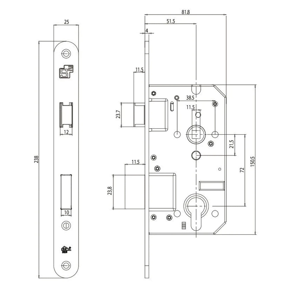 Technische tekening S2 veiligheidsslot SKG** PC72 met afgeronde voorplaat