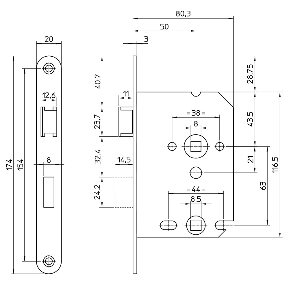 Technische tekening S2 vrij- en bezetslot BSW 12WC met maatvoering voor binnendeur