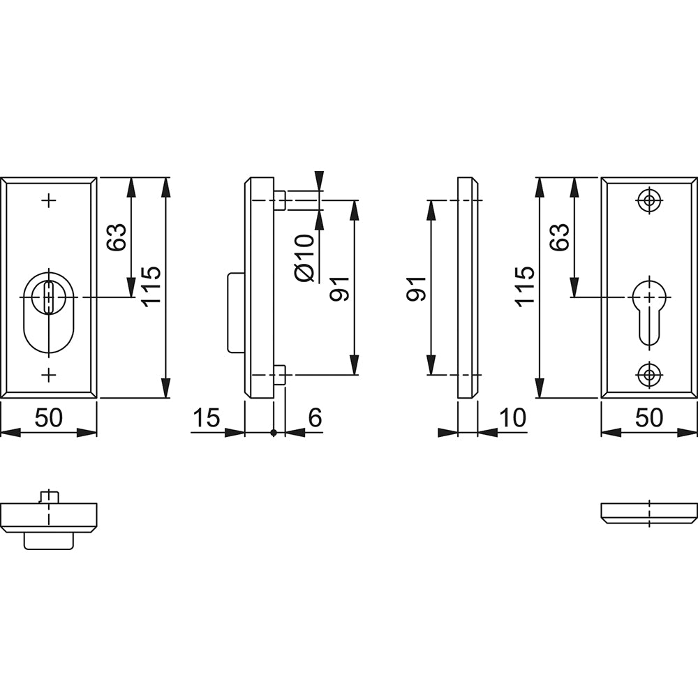 Hoppe veiligheidsrozet, model recht, met kerntrek, kleur aluminium F1, maatvoering tekening