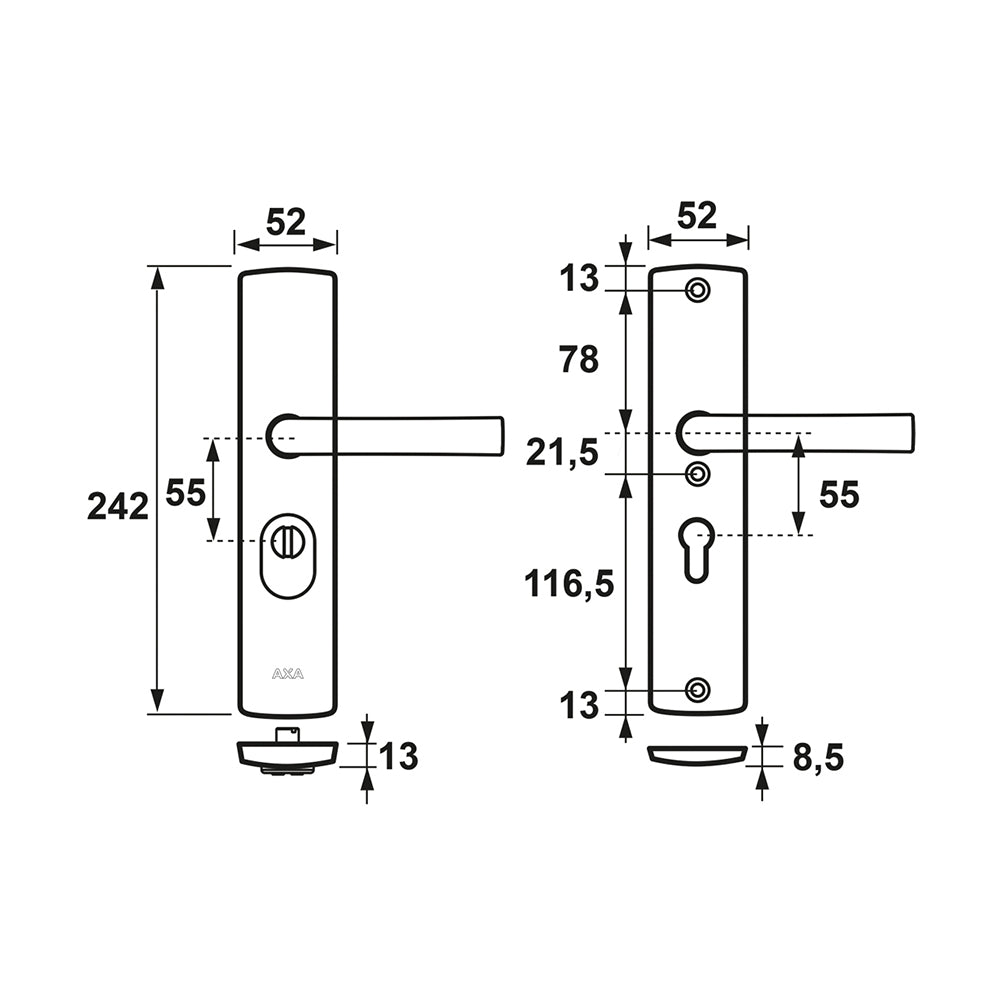 Technische tekening AXA Curve Plus veiligheidsbeslag SKG*** PC55 kruk/kruk
