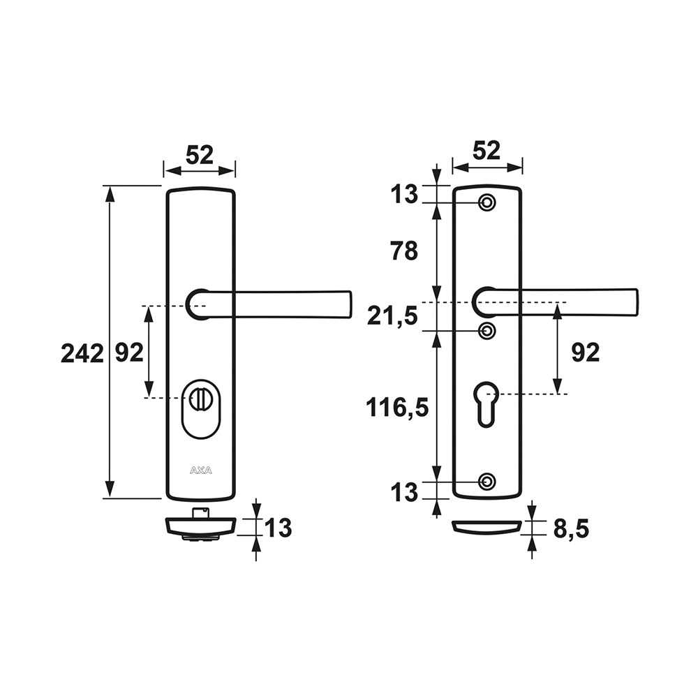 Technische tekening AXA Curve Plus veiligheidsbeslag SKG*** PC92 kruk/kruk
