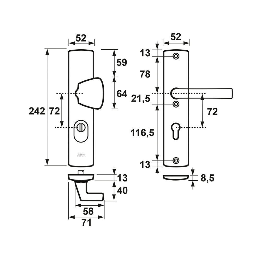 Technische tekening AXA Curve veiligheidsbeslag SKG*** PC72 knop/kruk