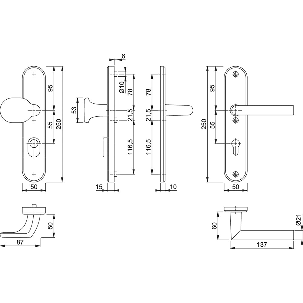 Technische tekening Hoppe Amsterdam veiligheidsbeslag PC55 knop-kruk ovaal met kerntrekbeveiliging