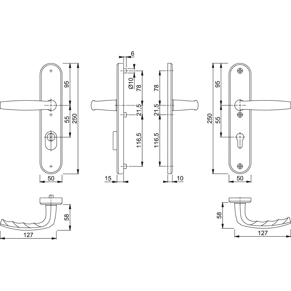 Technische tekening Hoppe Atlanta veiligheidsbeslag PC55 kruk/kruk met kerntrekbeveiliging F1