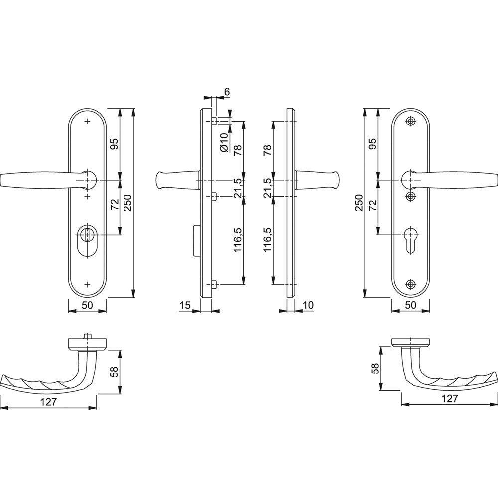 Technische tekening Hoppe Atlanta veiligheidsbeslag PC72 kruk/kruk met kerntrekbeveiliging F1