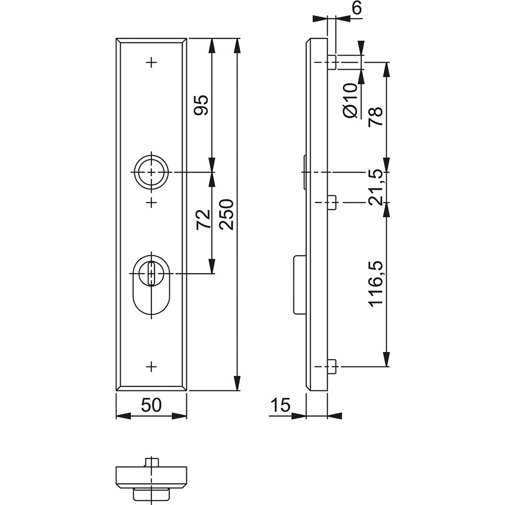 Technische tekening Hoppe buitenschild 2236ZA recht PC72