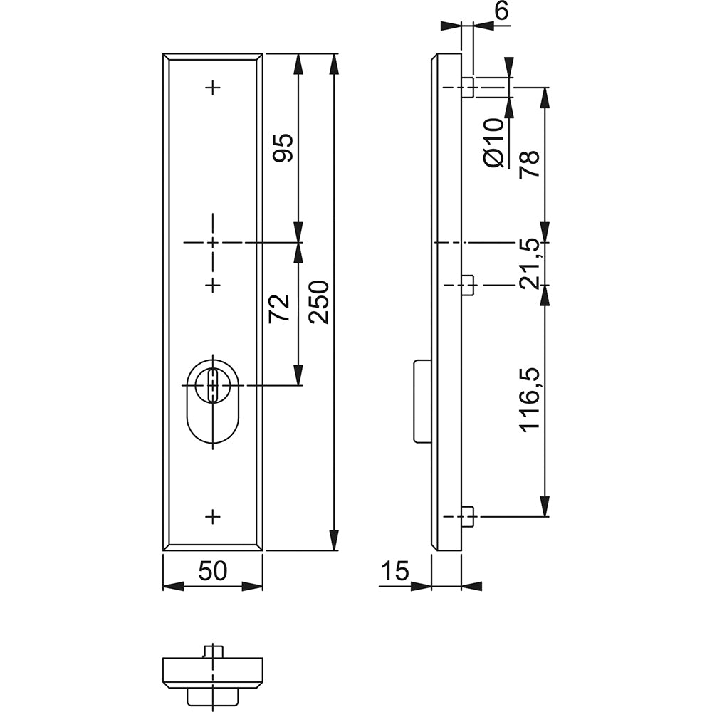 Technische tekening Hoppe buitenschild 2236ZA recht zonder krukgat PC72