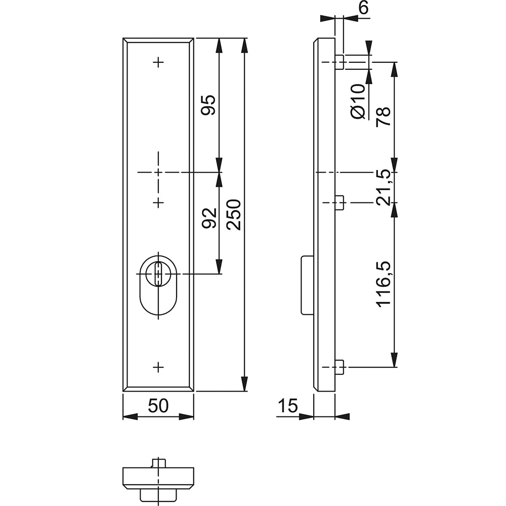 Technische tekening Hoppe buitenschild 2236ZA recht zonder krukgat PC92